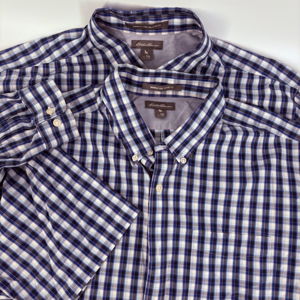 Eddie Bauer Button Down Shirts Men TXL Blue Plaid Wrinkle Free SS LS Lot of 2